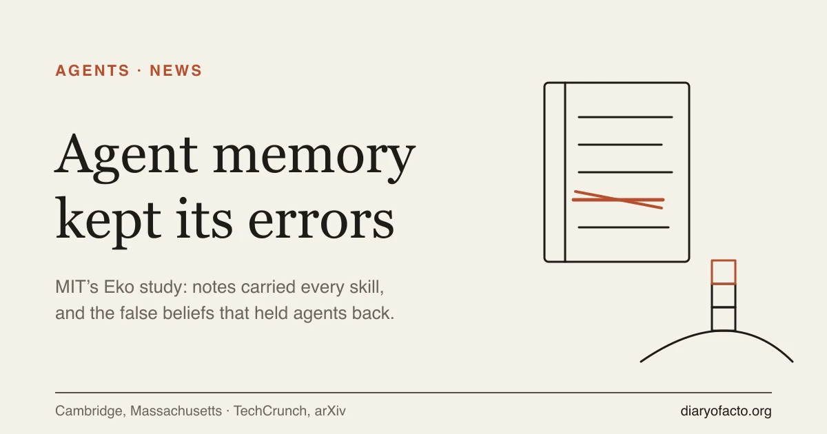 Line-art illustration of a notebook of AI agent memory entries, one crossed out, beside a small stacked tower of blocks on an island hill
