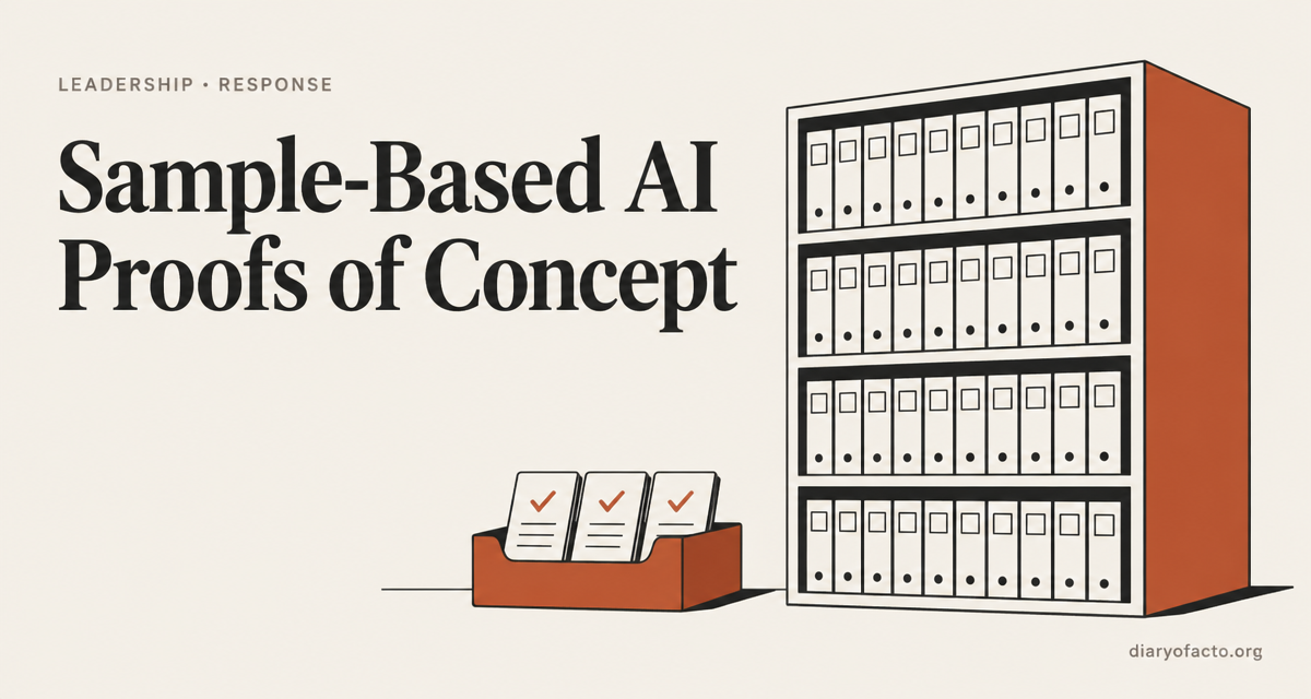 Line-art illustration of a small sample tray of ticked records beside a large archive of unchecked records, representing an AI proof of concept that passes on a sample
