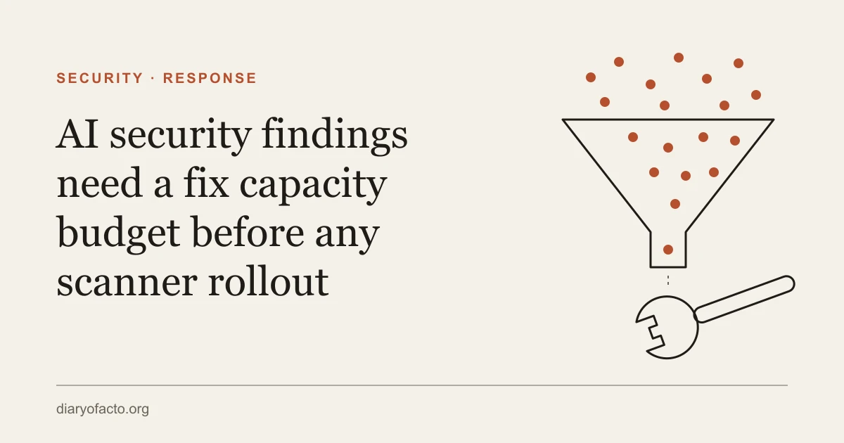 Line-art illustration of a funnel pouring many AI security findings through a narrow spout toward a single wrench, representing AI security findings and team fix capacity