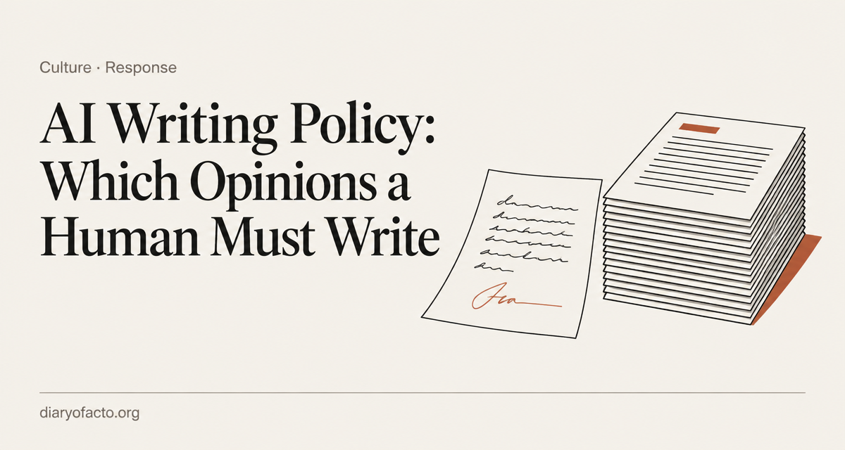 Line-art illustration of a handwritten letter with a signature beside a stack of machine-generated pages, representing an AI writing policy for human-written opinions