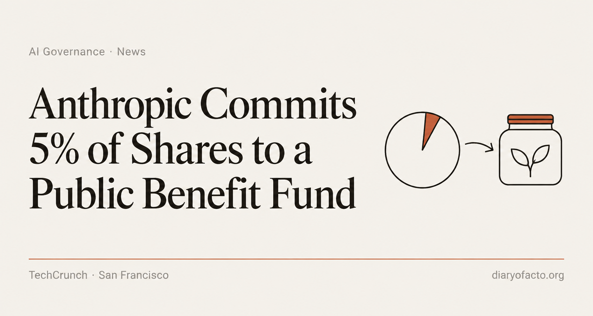 Line-art illustration of a 5 percent slice of a pie chart flowing into a fund icon beside an Anthropic wordmark, representing Anthropic's new public benefit fund