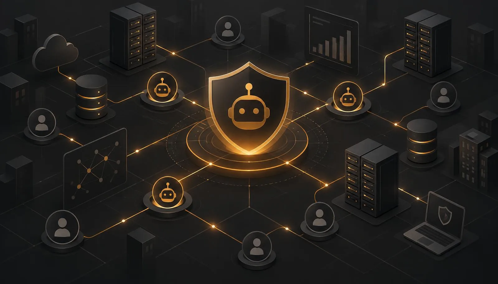 Illustration of AI agents and enterprise systems under continuous security monitoring