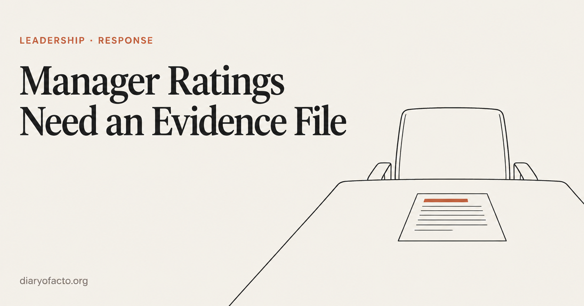 Line-art illustration of a calibration meeting table with a single one-page decision record laid out in front of an empty chair, representing engineering manager ratings and evidence