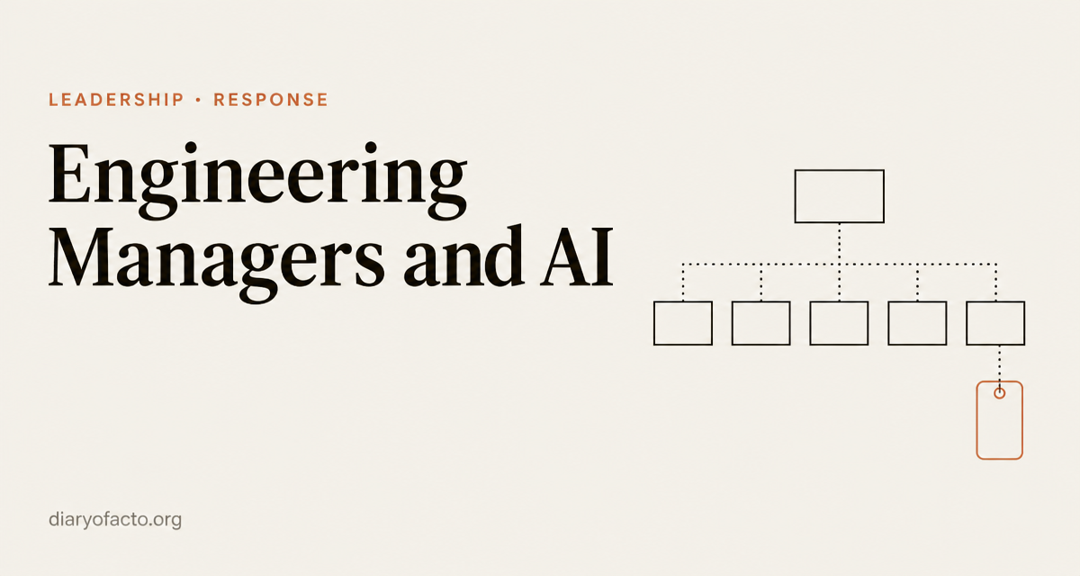 Line-art illustration of a flat org chart of five team boxes joined by dotted dependency lines with one empty ownership tag, representing engineering managers and AI dependencies