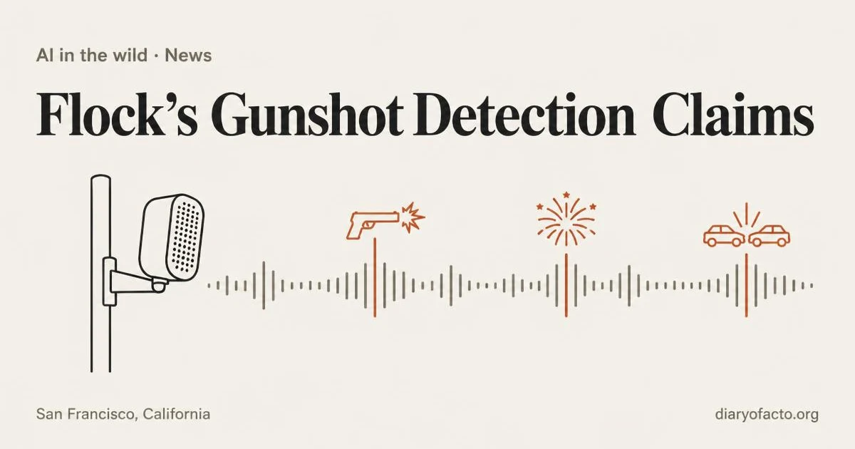 Line-art illustration of a microphone post detecting a soundwave beside gunfire, fireworks, and a car crash icon, representing Flock's gunshot detection claims