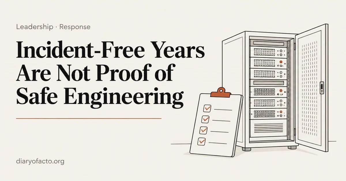 Line-art illustration of a calm incident log beside an unlocked server cabinet, representing incident-free years that hide unreviewed production code