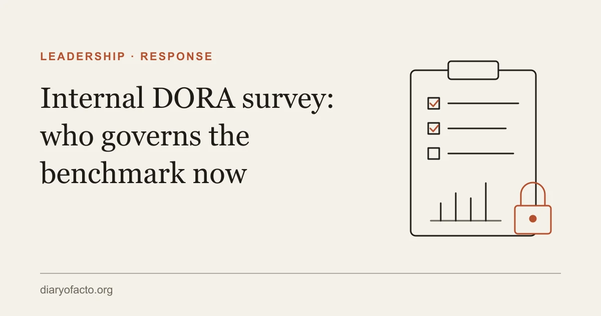 Line-art illustration of a clipboard survey form with a padlock and a small bar chart, representing governance of an internal DORA survey