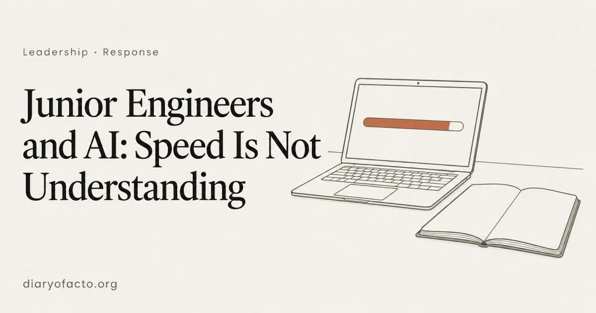 Line-art illustration of a junior engineer’s laptop with a fast progress bar beside a blank notebook, representing junior engineers and AI speed versus understanding