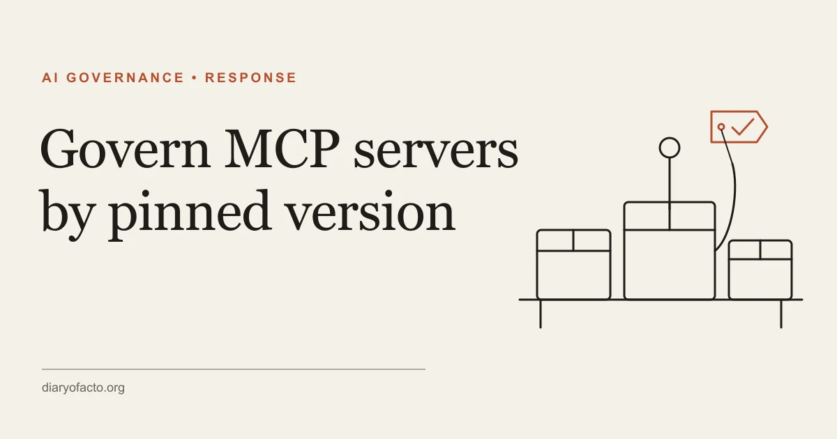 Line-art illustration of three package boxes on a shelf with one box locked by a pin and a review checkmark tag, representing MCP server governance by pinned version