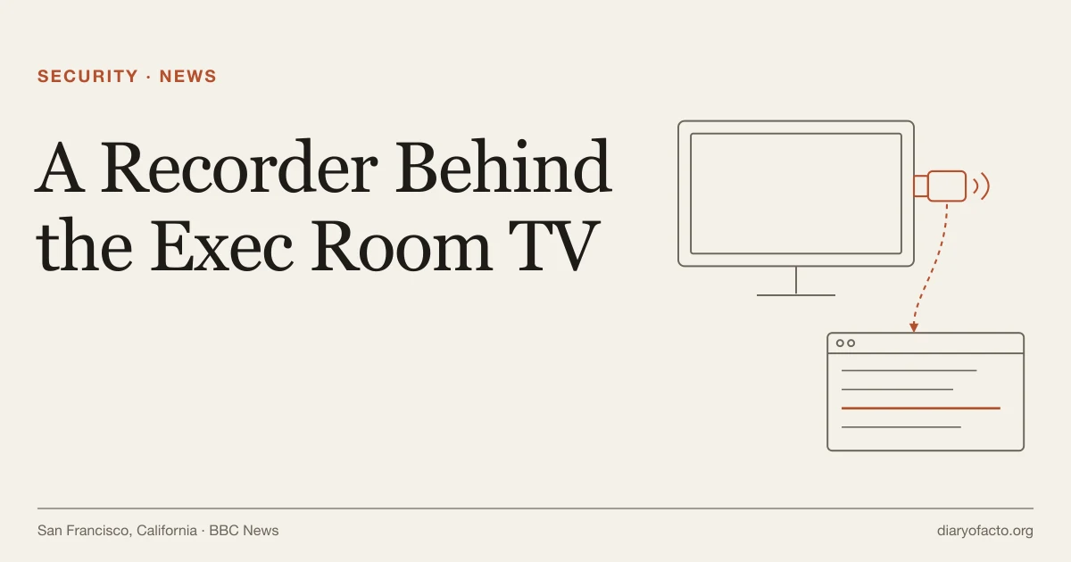 Line-art illustration of a conference room television with a small device plugged into its back port beside a scrolling log file, representing the OpenAI recording device case built from internal tool logs
