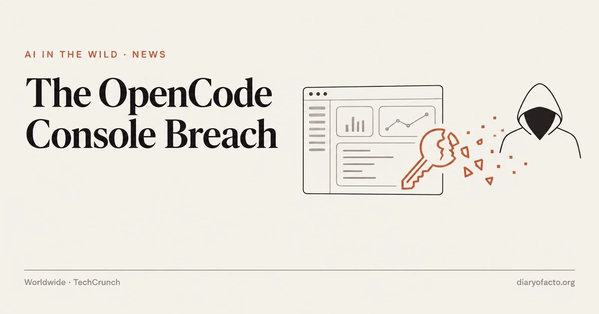 Line-art illustration of a cracked key icon leaking out of a console dashboard toward a hooded figure, representing the OpenCode Console breach that exposed users’ AI API keys