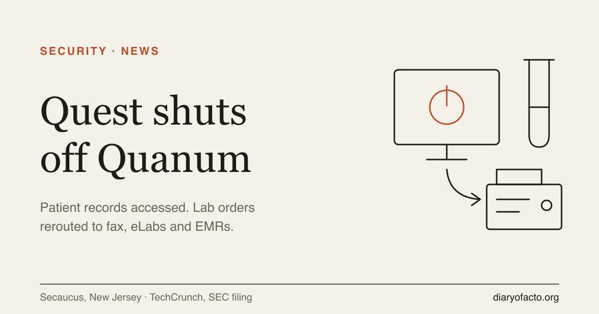 Line-art illustration of a lab test tube beside a switched-off ordering screen, with an arrow rerouting orders to a fax machine, representing the Quest Diagnostics breach