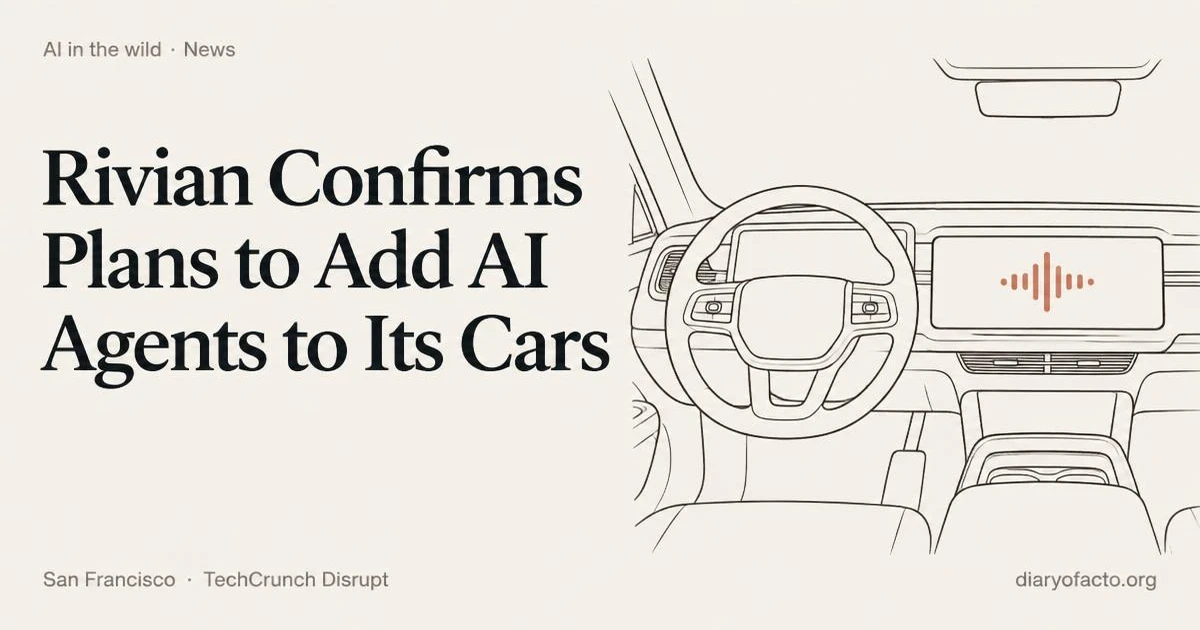 Line-art illustration of a Rivian electric SUV dashboard with a voice-agent waveform icon, representing Rivian's plan to add third-party AI agents to its cars